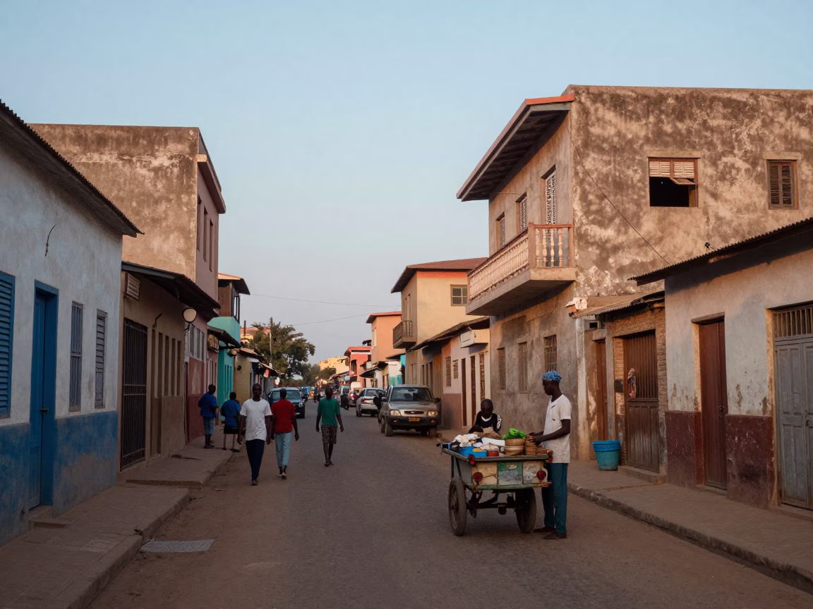 Busy Dakar Senegal Street Scene at Nautical Dawn with Local Activity in in Dakar, Senegal
