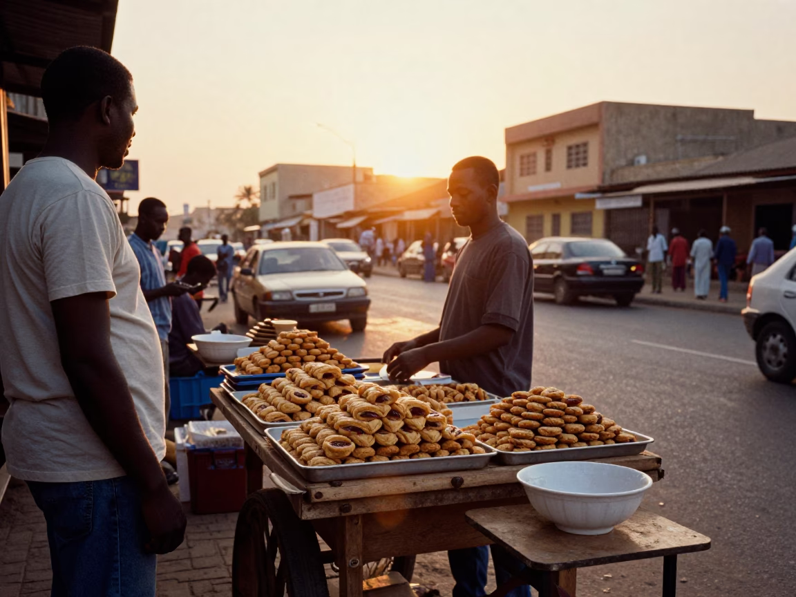 Busy Dakar Senegal Street Scene at Sunset with Local Vendors and Traffic in in Dakar, Senegal