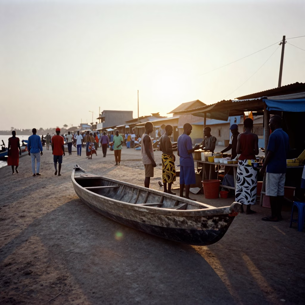 Busy Dakar Senegal Street Scene Early Evening with Canoe and Local Food Vendors in in Dakar, Senegal