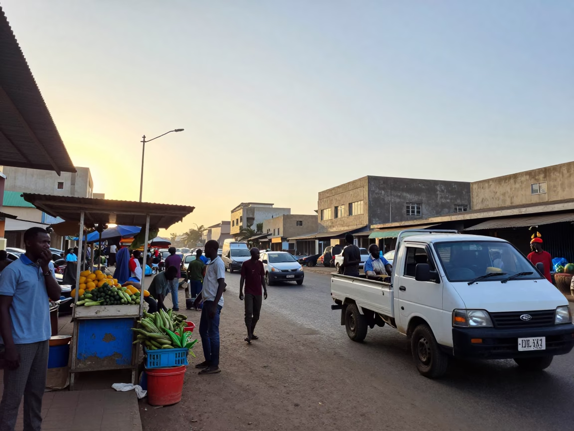 Busy Dakar Senegal Street Scene Just After Sunrise with Local Market Activity in in Dakar, Senegal