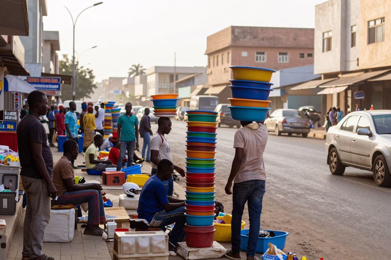 Busy Dakar Senegal street scene just after sunrise with local vendors and daily life in in Dakar, Senegal