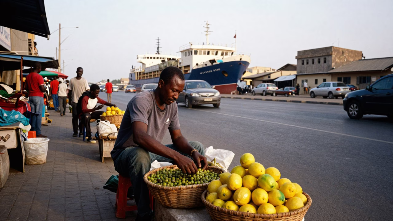 Busy Dakar Senegal Street Scene Late Morning with Cargo Ship Horizon in in Dakar, Senegal