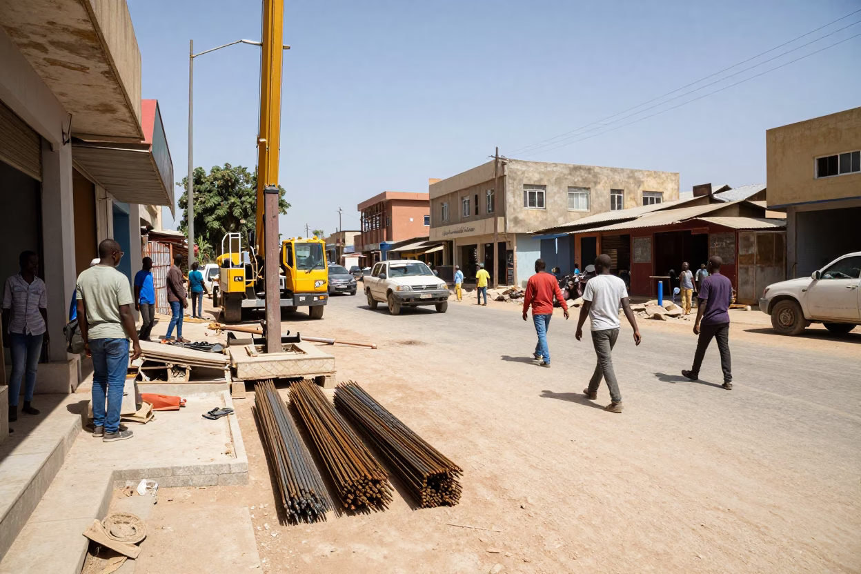 Busy Dakar Senegal Street Scene Midday Construction Site and Local Market Activity in in Dakar, Senegal