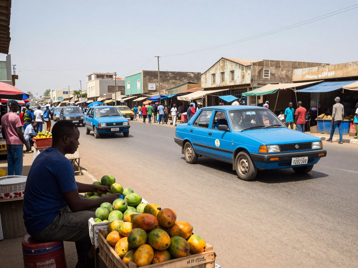 Busy Dakar Senegal Street Scene Midmorning with Local Market Activity and Urban Architecture in in Dakar, Senegal