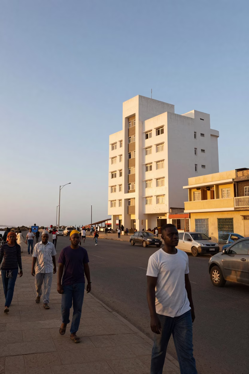 Busy Dakar Senegal street scene with salt hotel and breakwater in honeyed evening light in in Dakar, Senegal