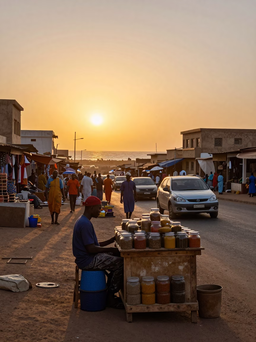 Busy Dakar Senegal Sunset Street Scene with Spice Jars and Clotheslines in in Dakar, Senegal