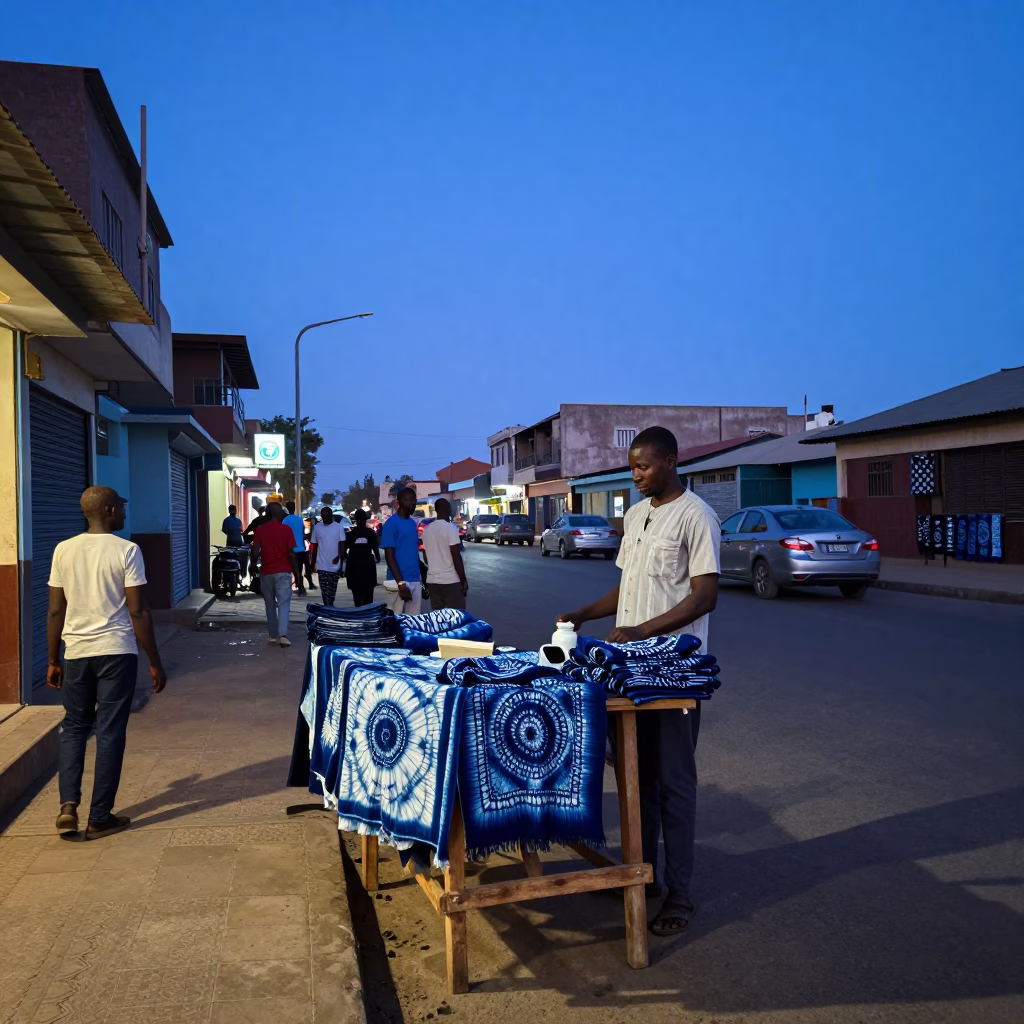 Busy Dakar Senegal Twilight Street Scene with Indigo Fabric and Urban Activity in in Dakar, Senegal