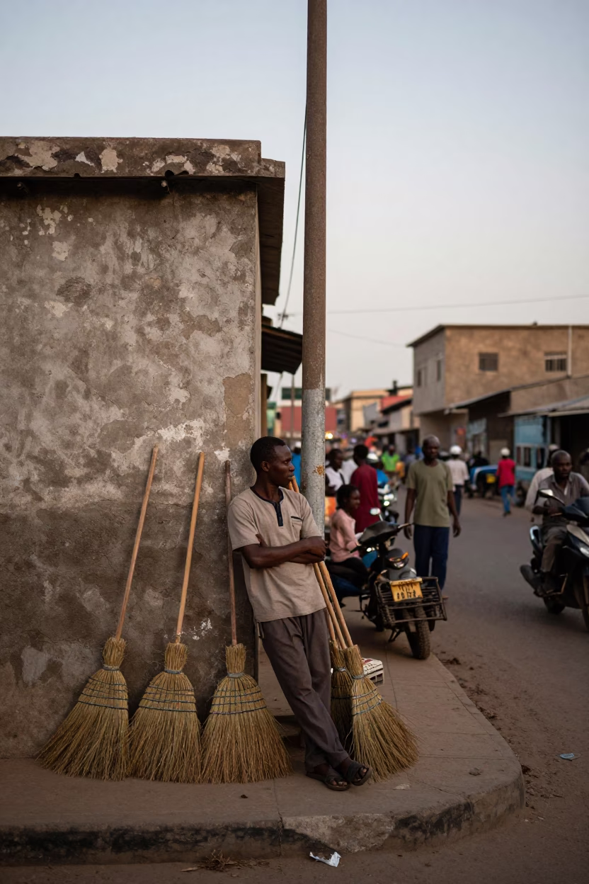 Busy Dakar Street Corner at Early Evening with Brooms and Local Commerce in in Dakar, Senegal