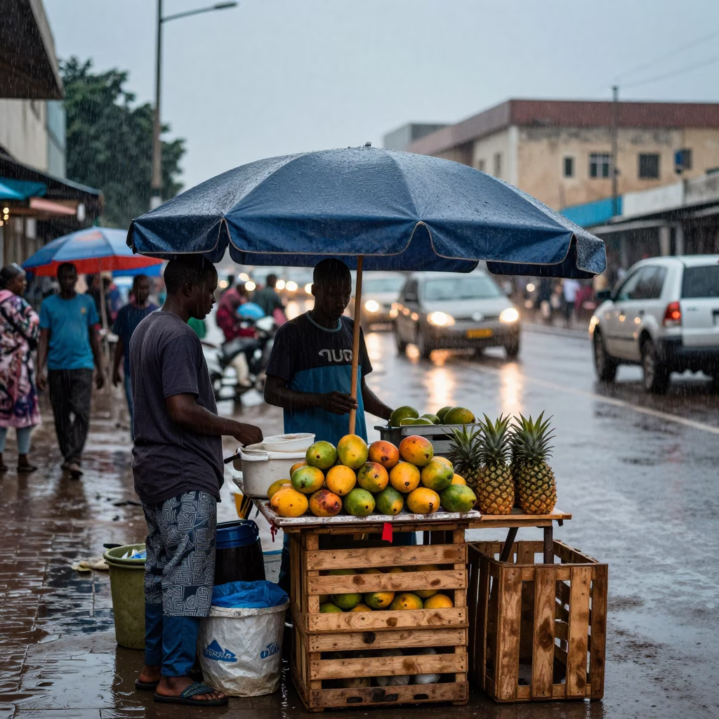Busy Dakar street corner with vendor and rain during dusk in in Dakar, Senegal