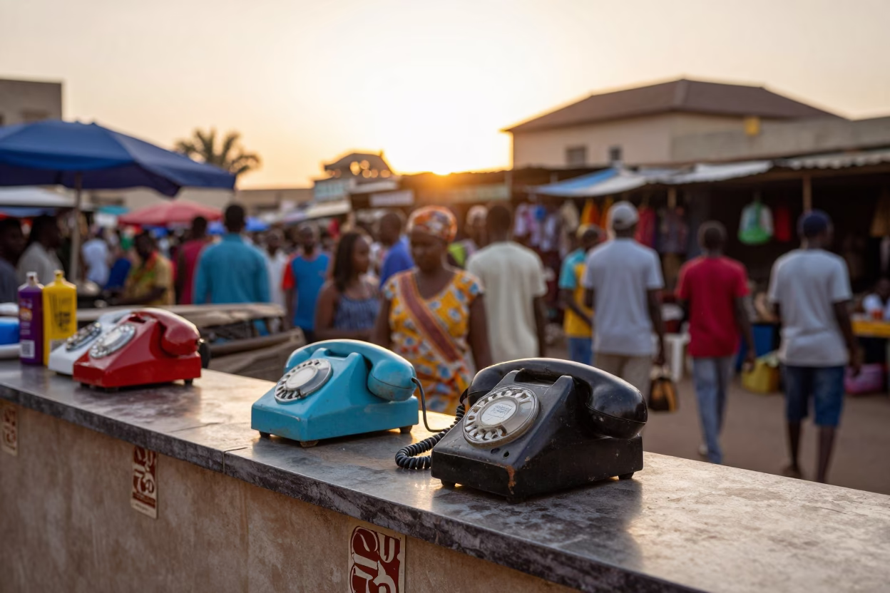 Busy Dakar Street Market at Nautical Dawn with Vintage Bakelite Telephone in in Dakar, Senegal
