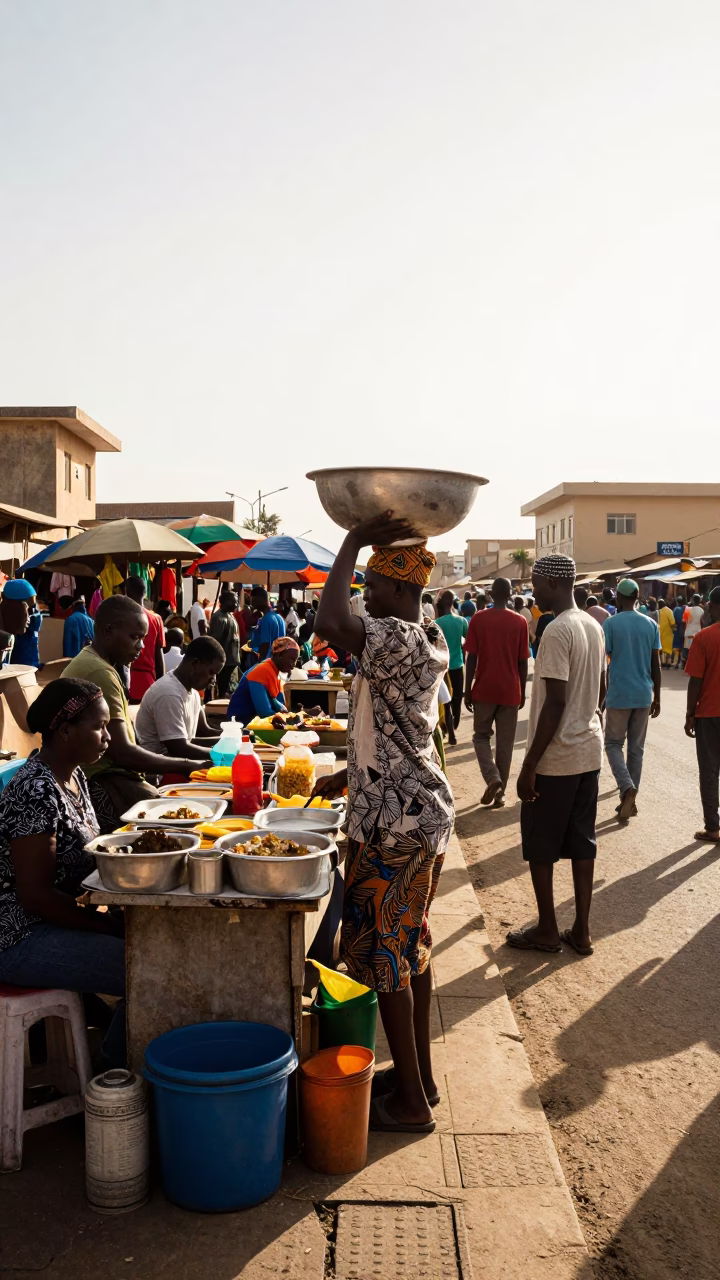 Busy Dakar Street Market Late Morning with Kheer Sagar and Local Vendors in in Dakar, Senegal