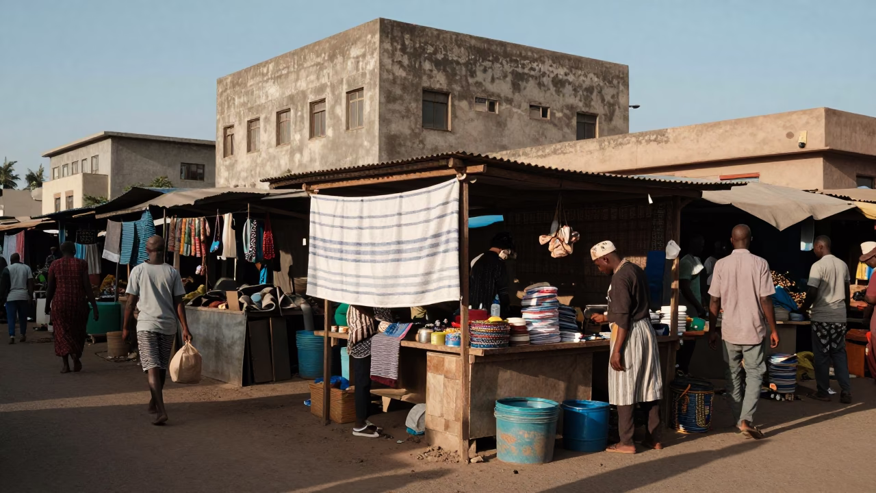Busy Dakar Street Market Scene Late Morning with Striped Towel and Local Commerce in in Dakar, Senegal
