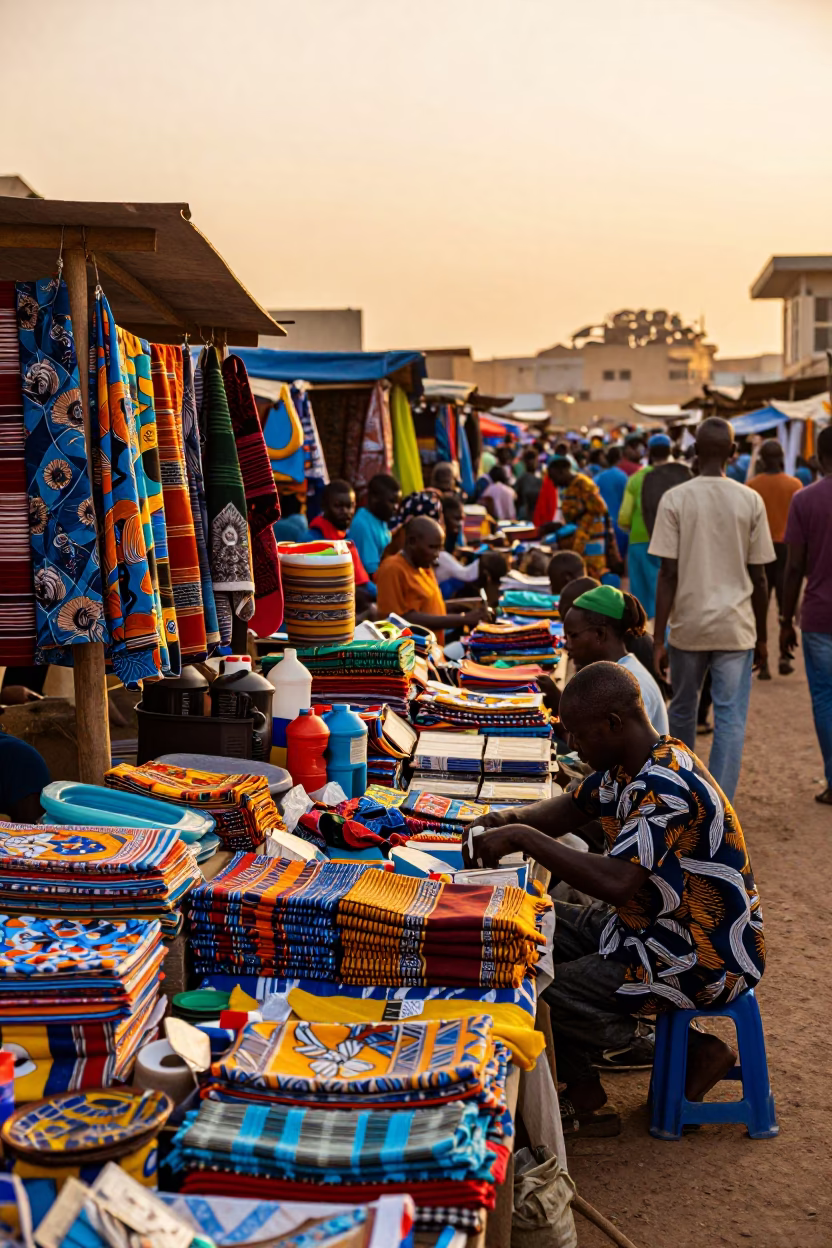 Busy Dakar Street Market Stall at Golden Hour with Colorful Goods and Local Life in in Dakar, Senegal