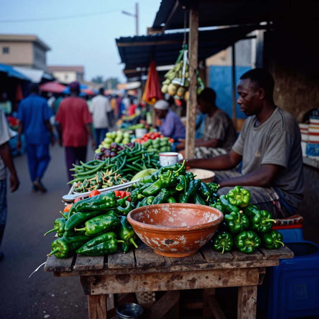 Busy Dakar Street Market Stall at Nautical Dawn with Terracotta Bowl in in Dakar, Senegal