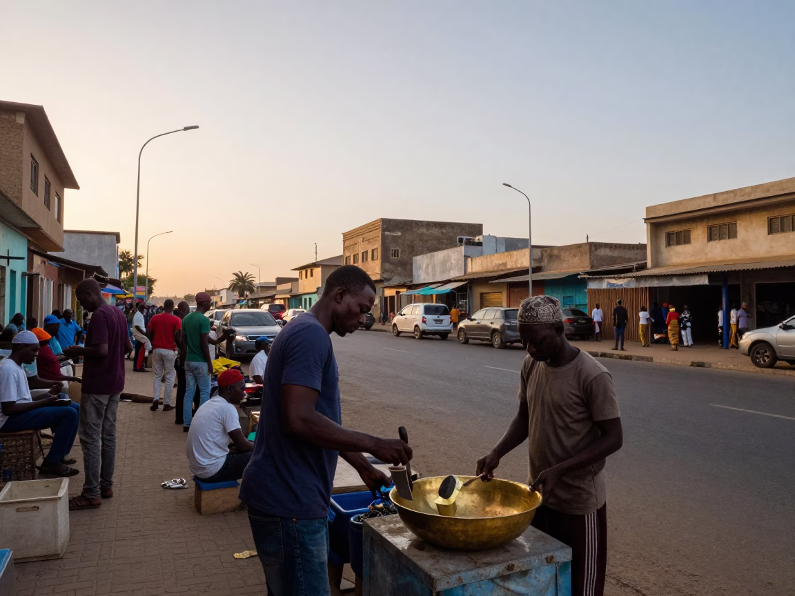 Busy Dakar Street Scene at Dawn with Local Vendors and Morning Light in in Dakar, Senegal