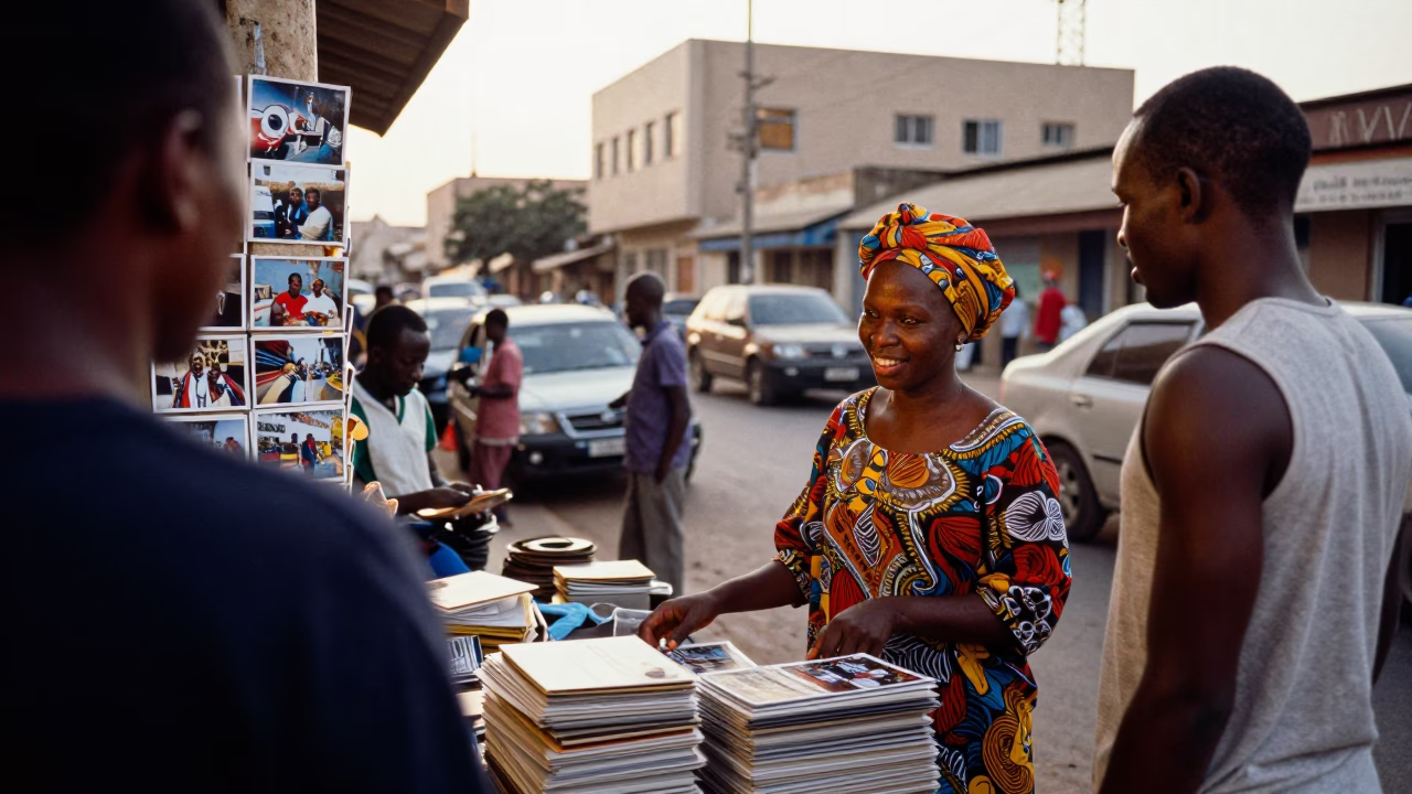 Busy Dakar Street Scene at Dawn with Postcards and Local Life in in Dakar, Senegal