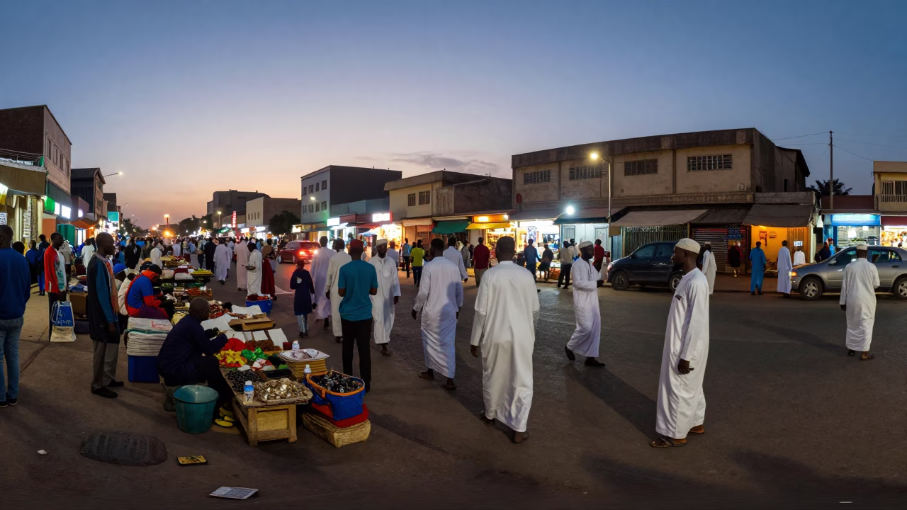 Busy Dakar Street Scene at Dusk with Local Vendors and Evening Activity in in Dakar, Senegal