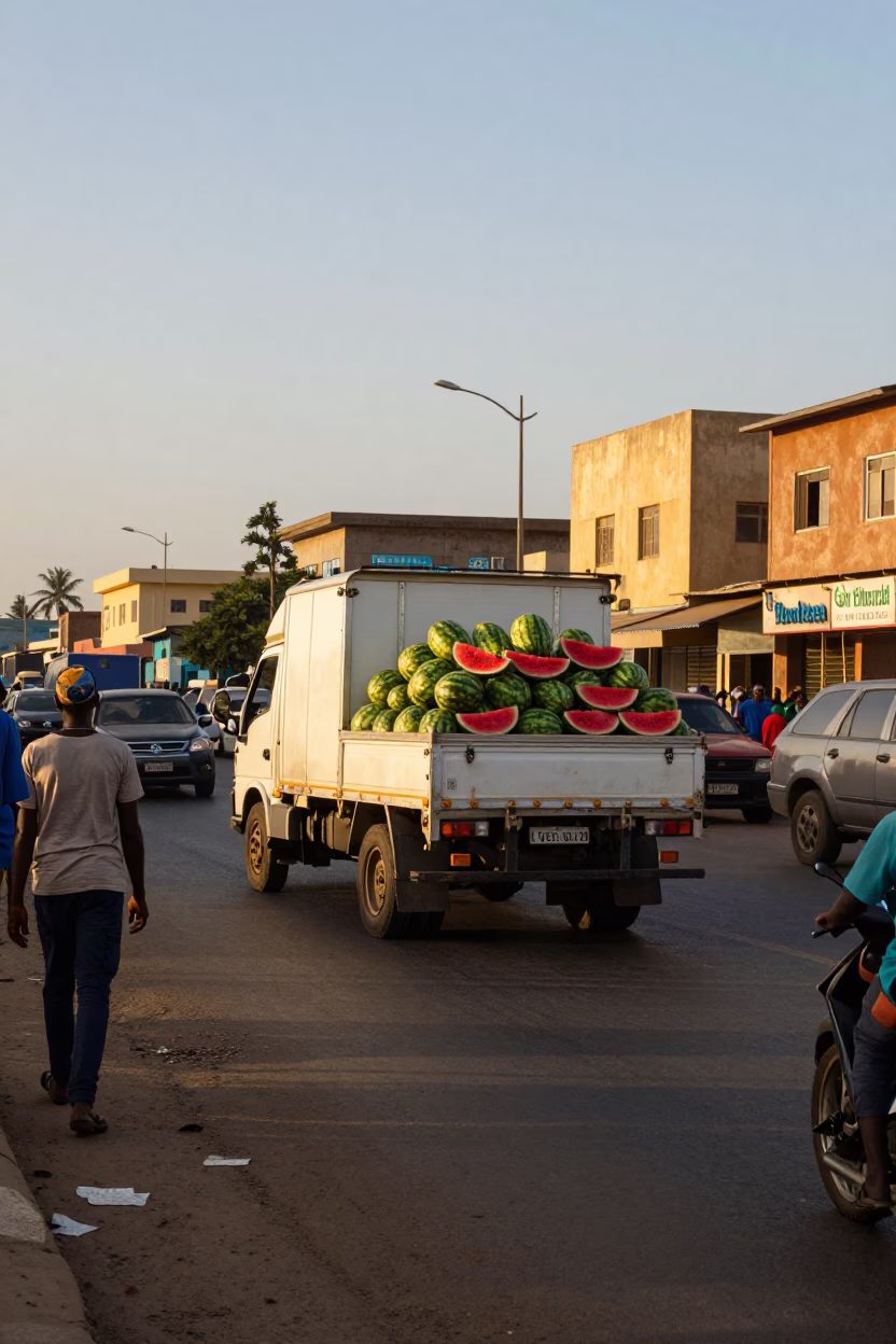 Busy Dakar Street Scene at Golden Hour with Watermelon Truck and Local Life in in Dakar, Senegal