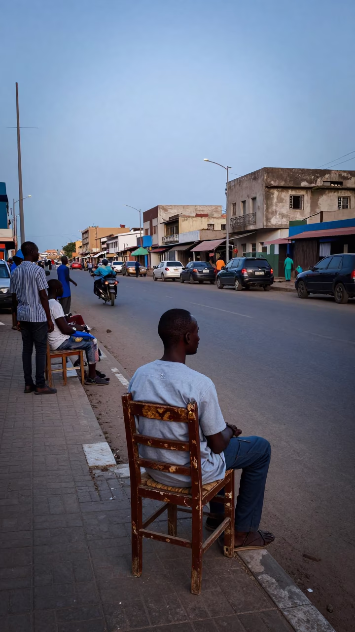Busy Dakar Street Scene at Nautical Dawn with Local Market Activity and Urban Infrastructure in in Dakar, Senegal