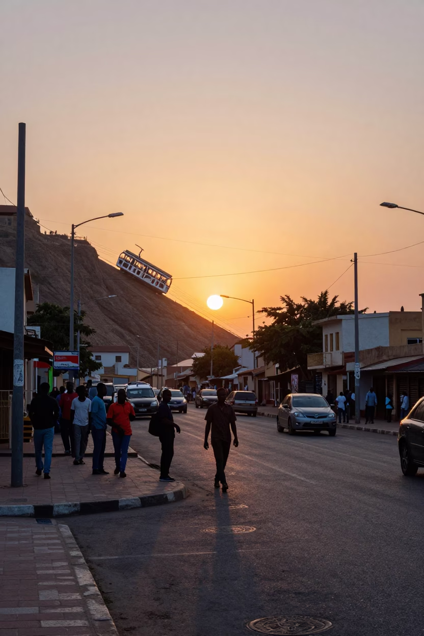 Busy Dakar Street Scene at Sunset with Funicular and Kite Surfer in in Dakar, Senegal