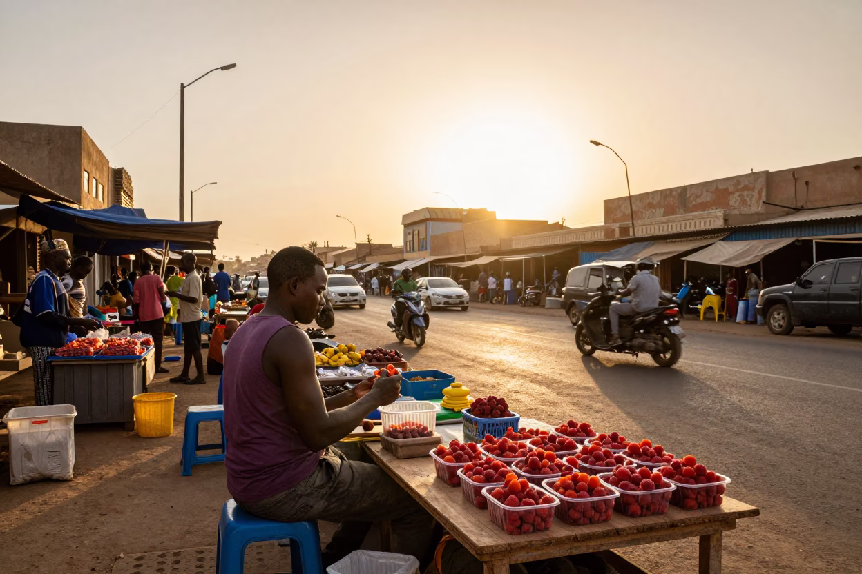 Busy Dakar Street Scene at Sunset with Local Commerce and Daily Life in in Dakar, Senegal