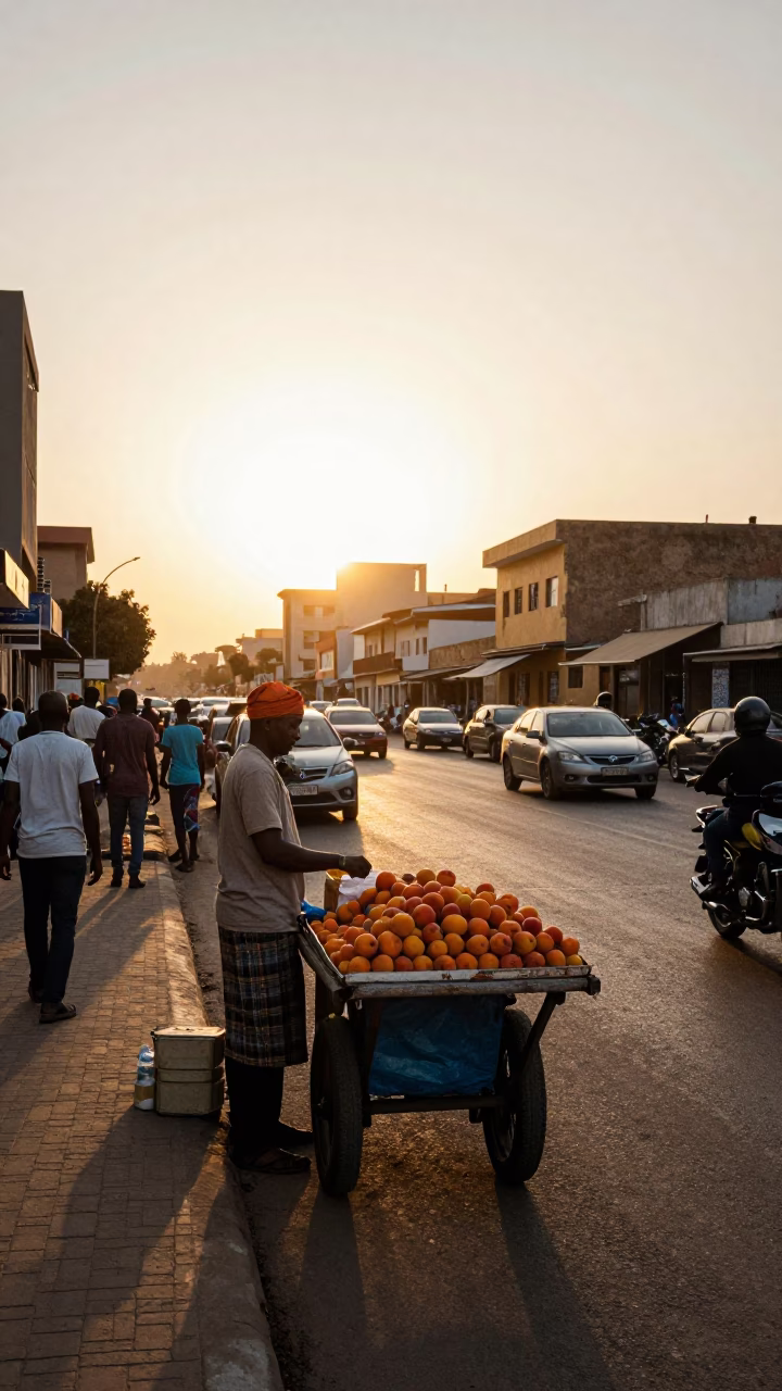 Busy Dakar Street Scene at Sunset with Vendor and Commuters in in Dakar, Senegal
