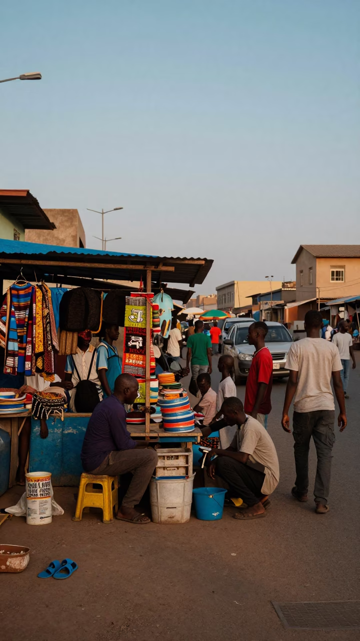 Busy Dakar Street Scene Early Evening with Colorful Vendor Stall and Leaf Shadows in in Dakar, Senegal