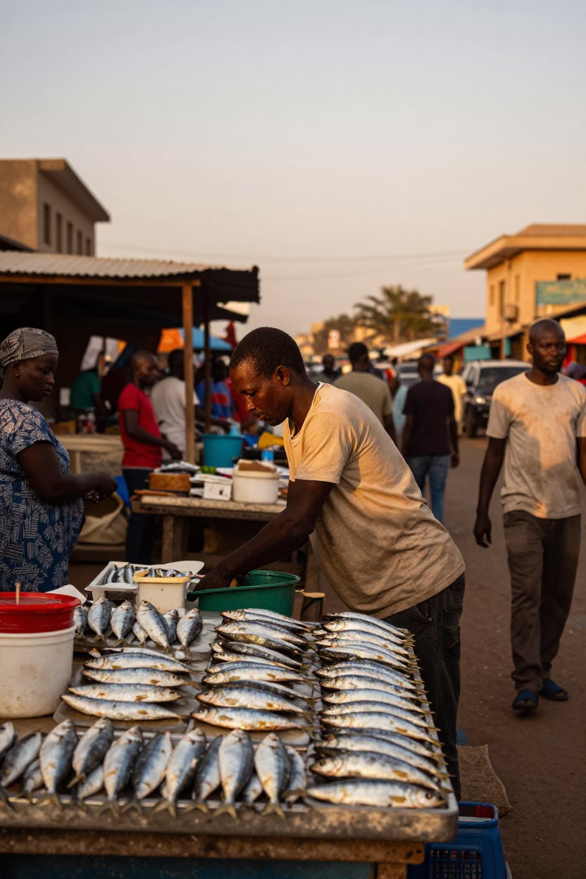 Busy Dakar Street Scene Honeyed Evening Light with Sardines and Local Market Activity in in Dakar, Senegal