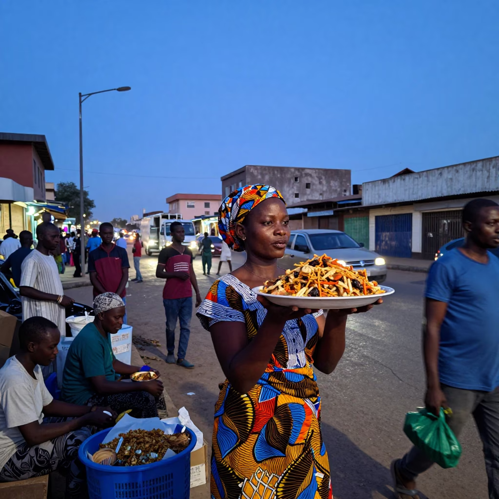 Busy Dakar Street Scene in Indigo Twilight with Koshari Plate and Kitchen Utensils in in Dakar, Senegal