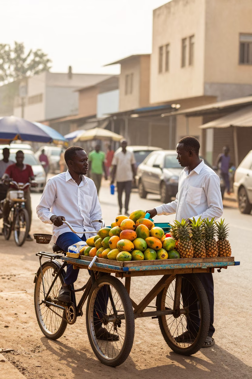 Busy Dakar Street Scene Just After Sunrise with Local Vendor and Bicycle in in Dakar, Senegal