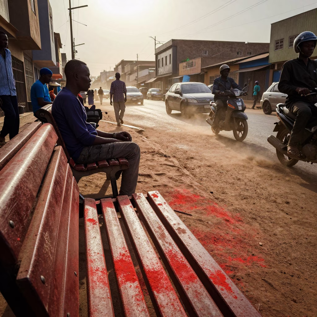 Busy Dakar Street Scene Late Afternoon with Dust on Bench and Local Activity in in Dakar, Senegal