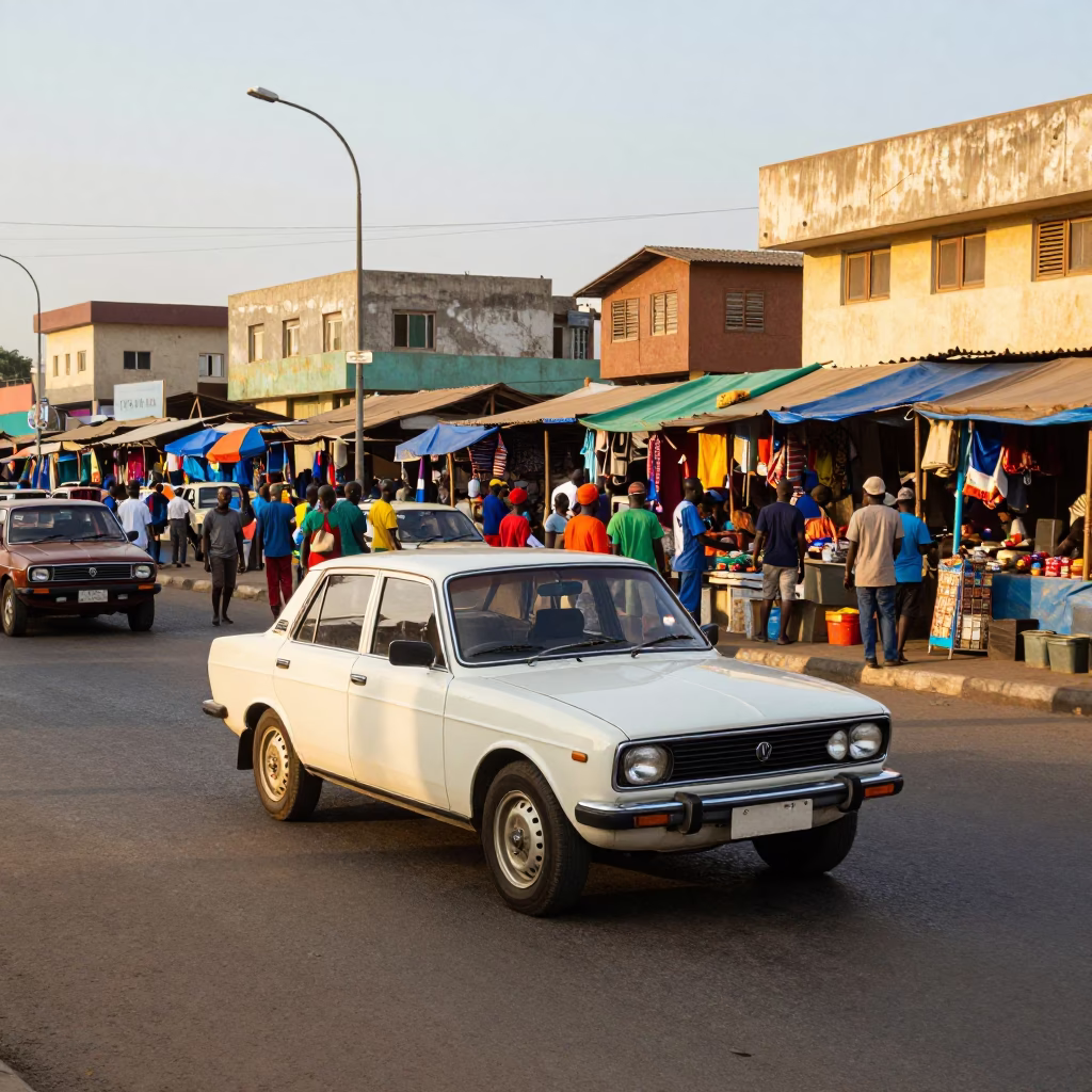 Busy Dakar Street Scene Late Afternoon with Local Market Activity and Vintage Automobiles in in Dakar, Senegal