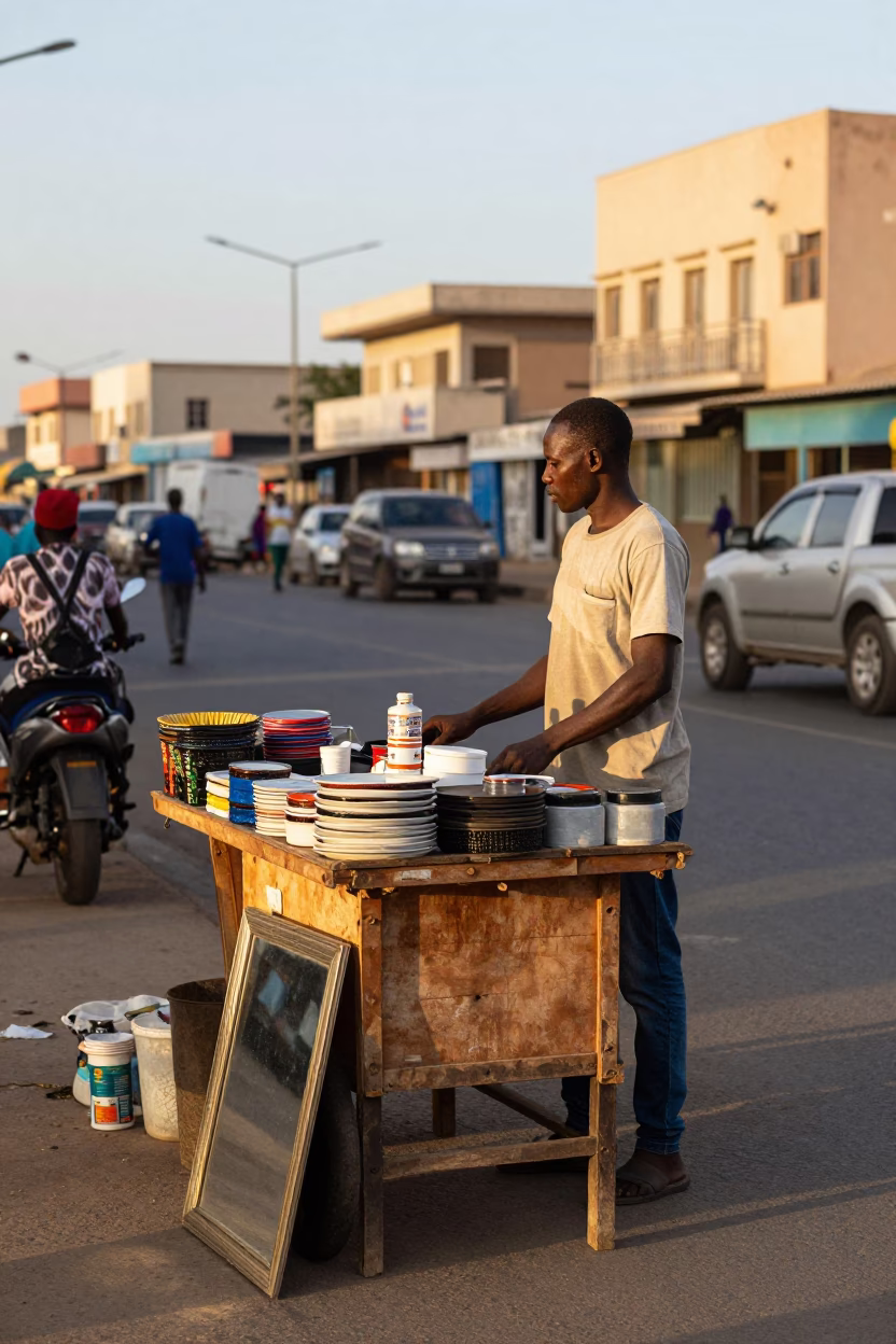 Busy Dakar Street Scene Late Afternoon with Local Vendor and Traditional Architecture in in Dakar, Senegal
