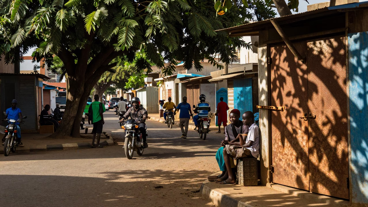 Busy Dakar Street Scene Late Morning with Leaf Shadows and Local Market Activity in in Dakar, Senegal