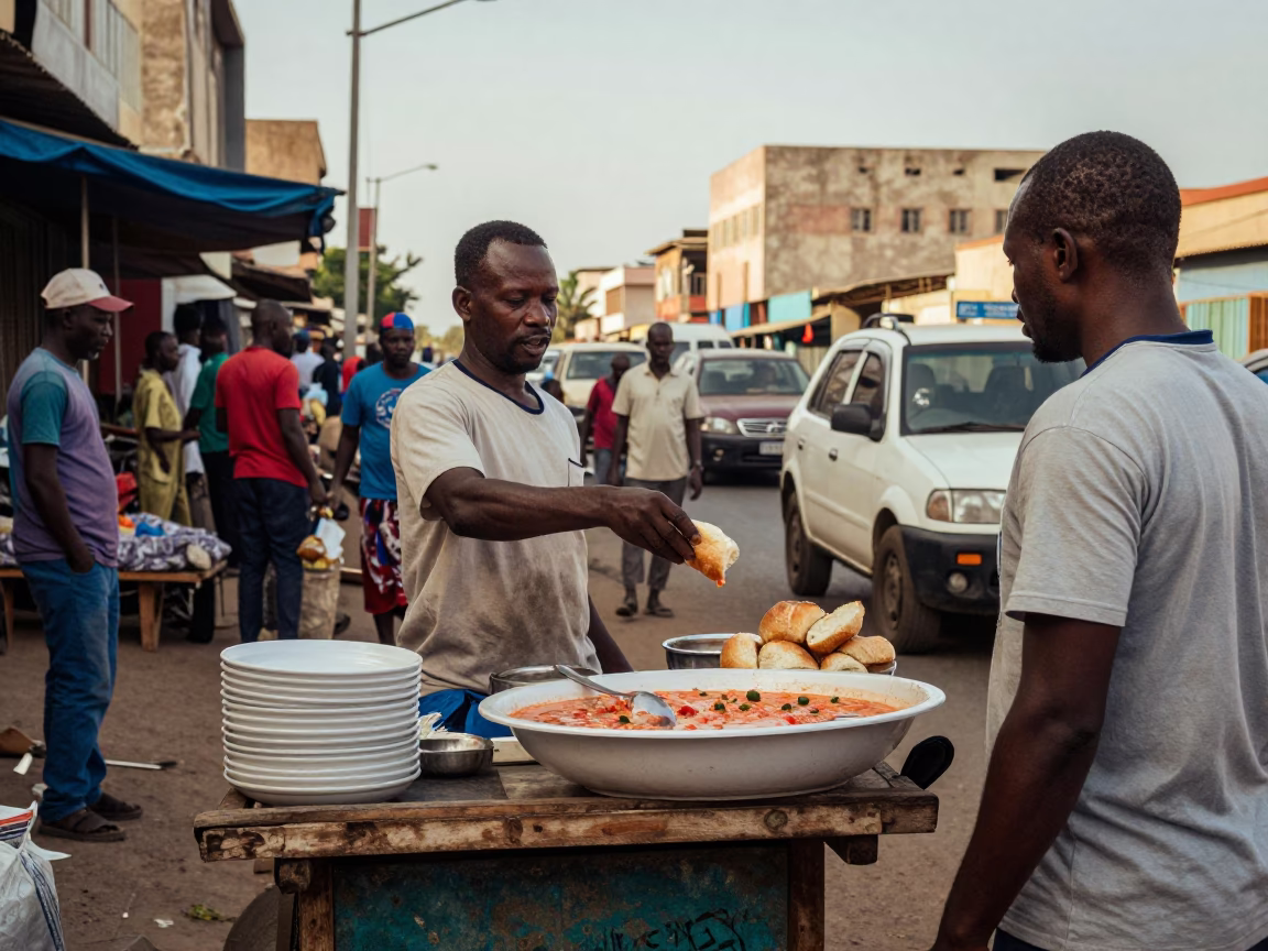 Busy Dakar Street Scene Late Morning with Local Vendors and Traffic in in Dakar, Senegal