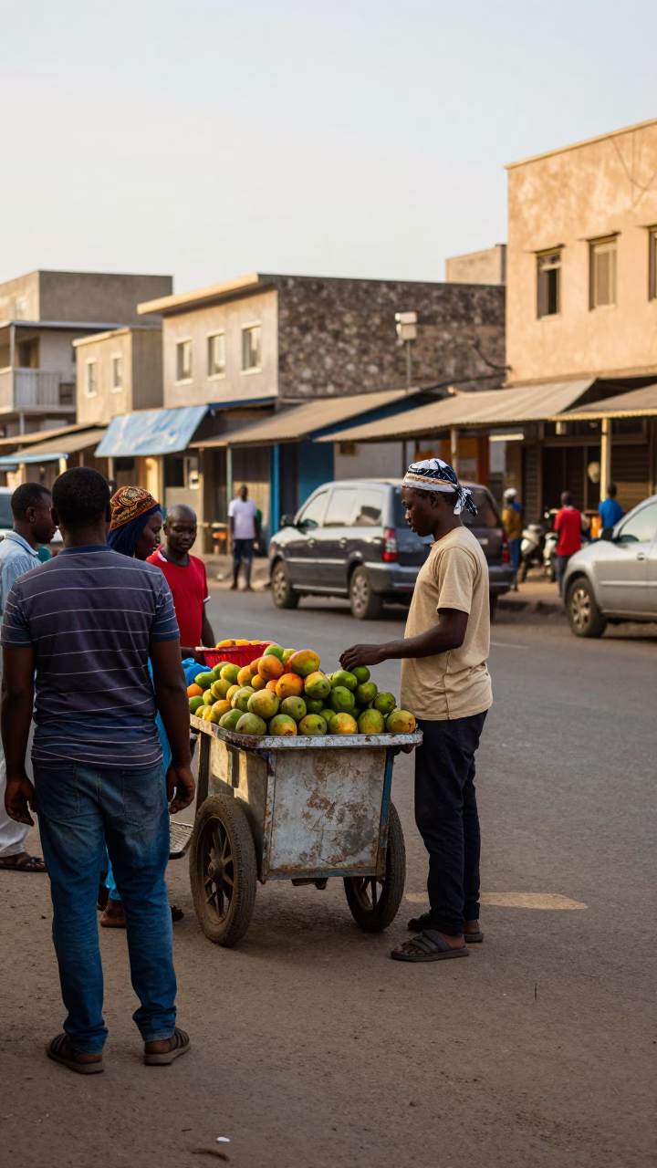 Busy Dakar Street Scene Late Morning with Vendor and Local Life in in Dakar, Senegal