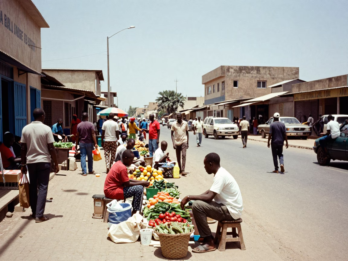 Busy Dakar Street Scene Under Noon Sun with Local Vendor and Slippers in in Dakar, Senegal