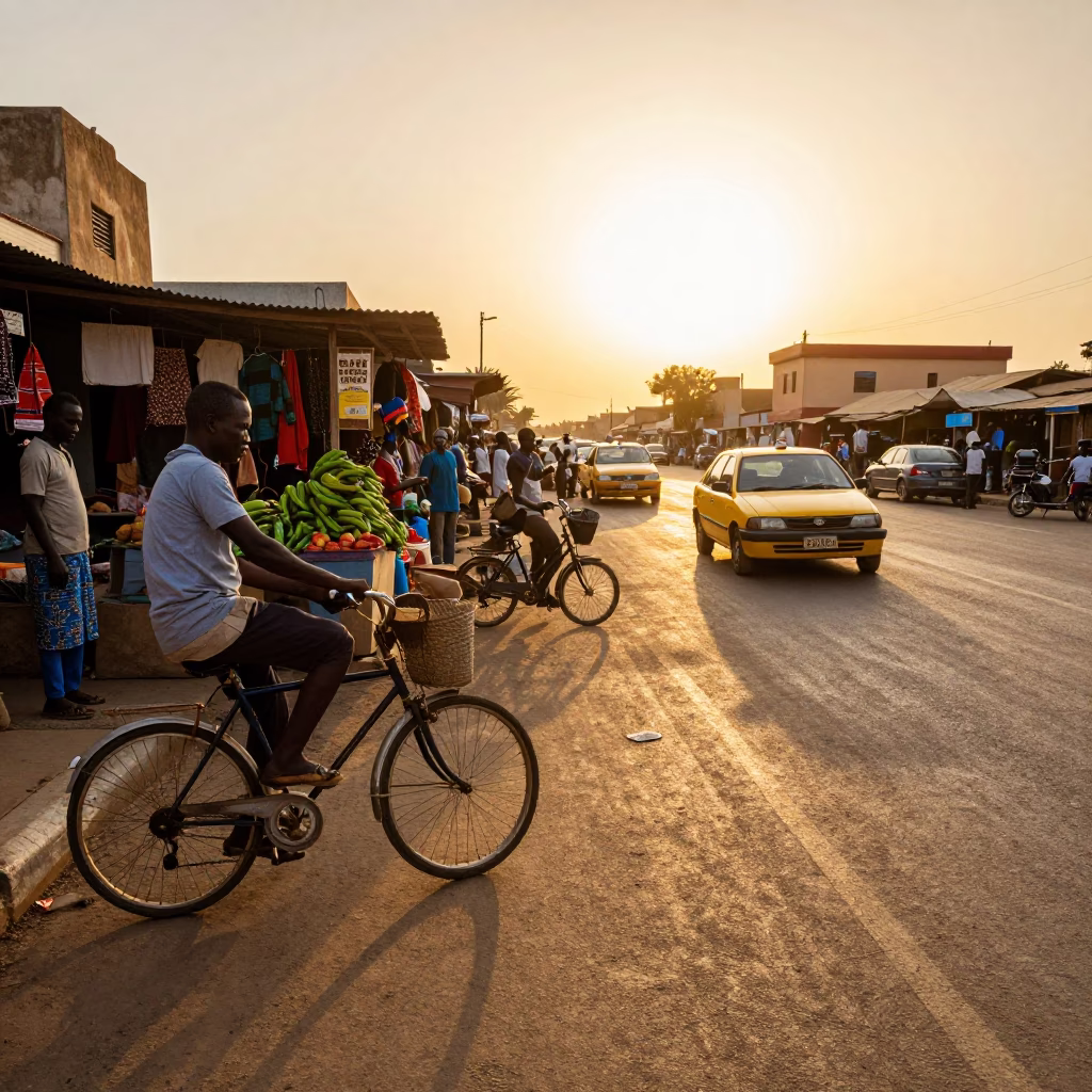 Busy Dakar street scene with bicycle and sun stripe during golden hour in in Dakar, Senegal