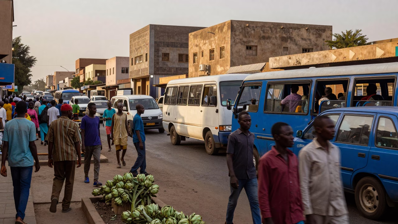 Busy Dakar Street Scene with Blue Minibus and Artichokes in Early Evening Light in in Dakar, Senegal