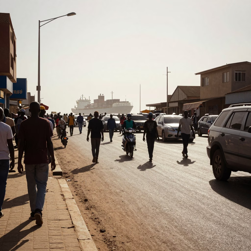 Busy Dakar Street Scene with Cargo Ship Horizon and Baobab Silhouette in in Dakar, Senegal