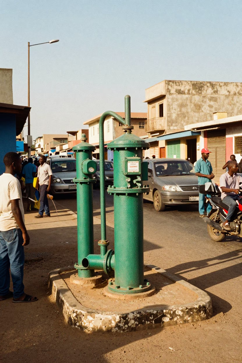 Busy Dakar Street Scene With Green Sewage Pumps and Dhow at Sunset in in Dakar, Senegal