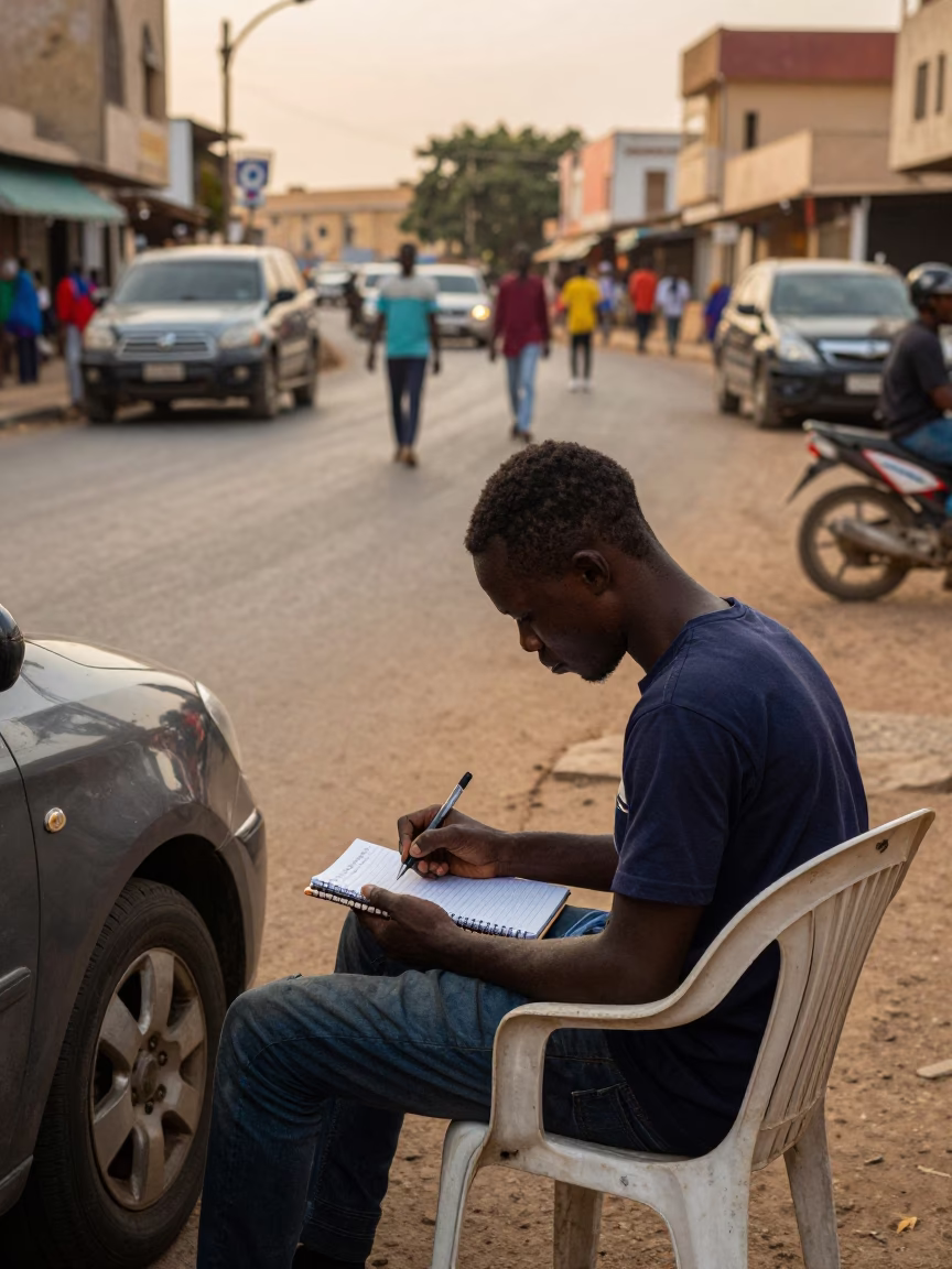 Busy Dakar Street Scene with Notebook and Pen in Honeyed Evening Light in in Dakar, Senegal