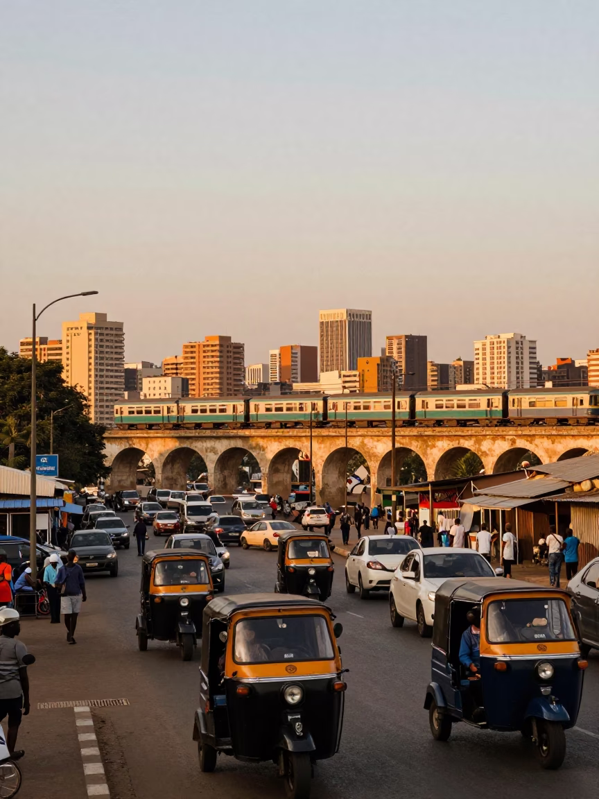 Busy Dakar Street Scene with Passing Train and Evening Light in in Dakar, Senegal