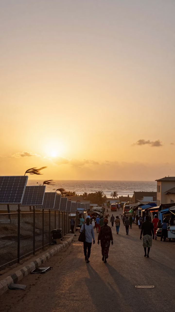Busy Dakar Sunset Street Scene with Solar Array Fence and Traditional Dance in in Dakar, Senegal