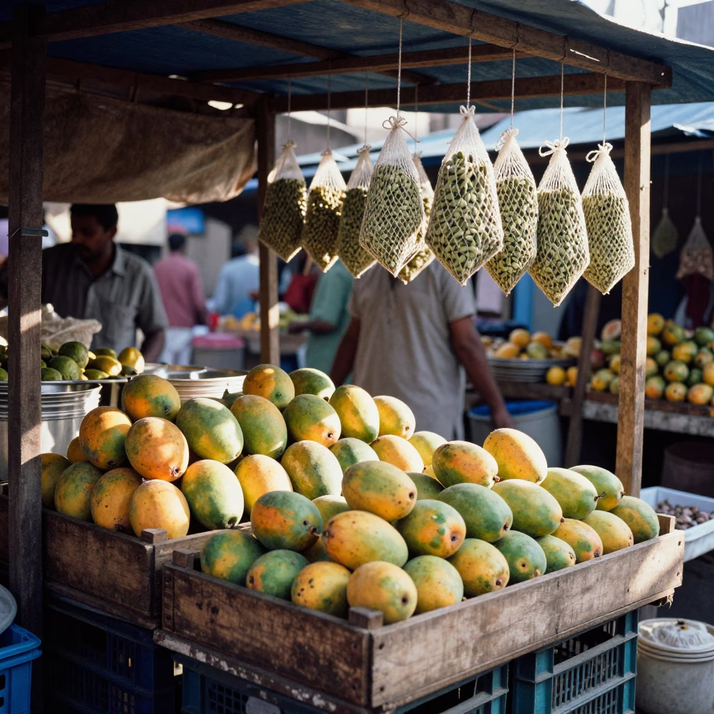 Busy Delhi Market Stall with Fruit Crates and Cardamom Pods in Late Morning Light in in Delhi, India