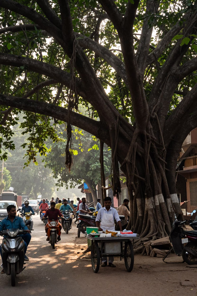 Busy Delhi Morning Street Scene with Banyan Tree Roots and Enamel Pitcher in in Delhi, India