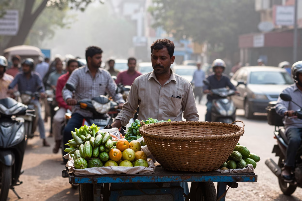 Busy Delhi Morning Street Scene with Colorful Basket and Sunlight in in Delhi, India