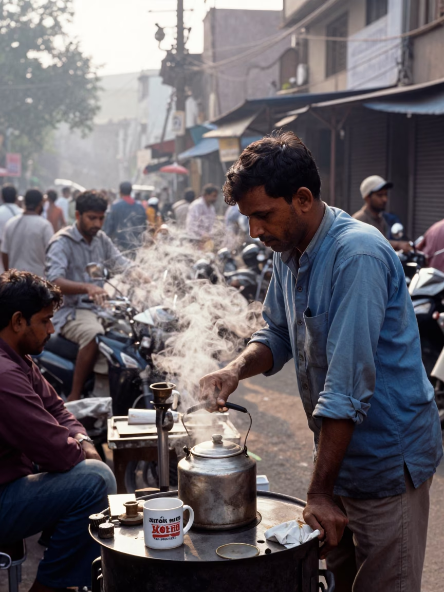 Busy Delhi Morning Street Scene with Vintage Mug and Local Street Vendor in in Delhi, India