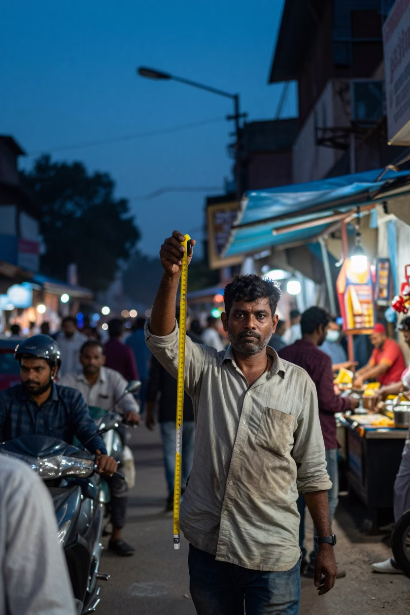 Busy Delhi Street at Blue Hour with Measuring Tape and Local Commerce in in Delhi, India