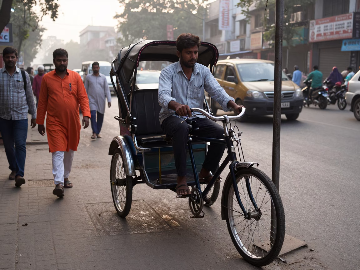 Busy Delhi street at dawn with rickshaw driver and fingerprints on latch in in Delhi, India